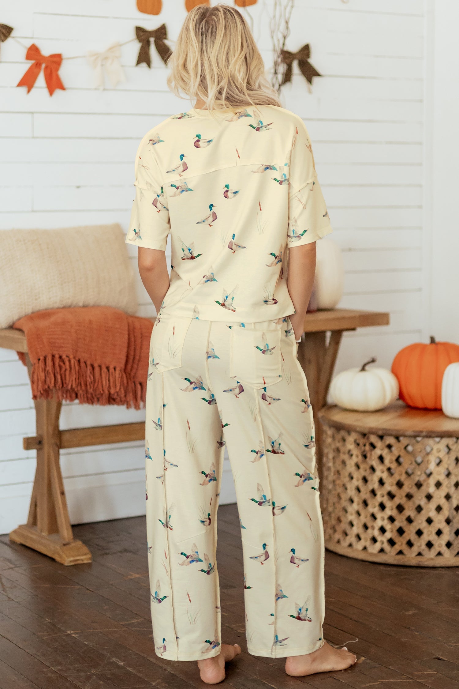 Beige Duck Print Short Sleeve Top Pocket Pants 2pcs Casual Set-Two Piece Sets/Pant Sets-[Adult]-[Female]-2022 Online Blue Zone Planet