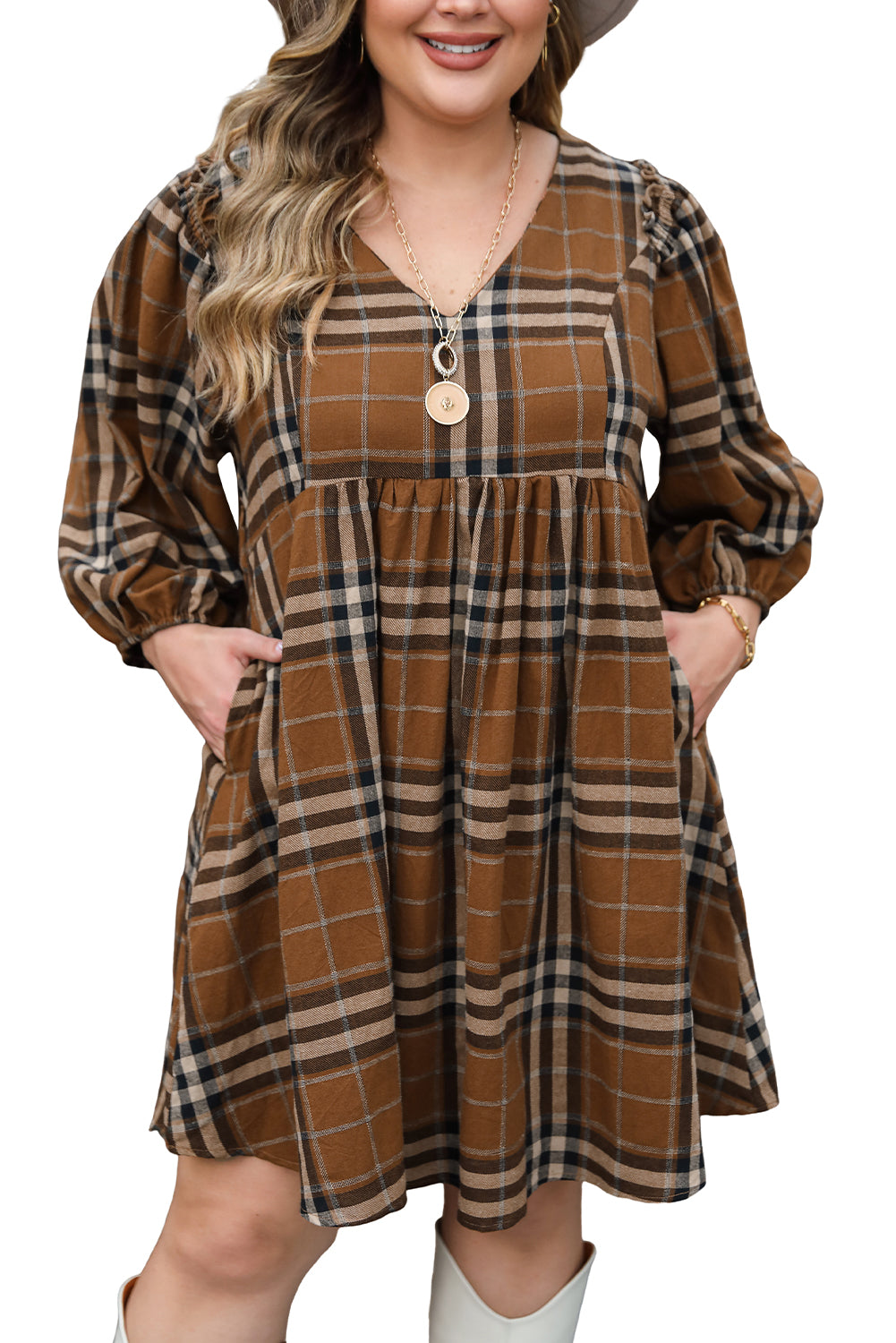 Blue Zone Planet | Brown Printed Plaid V Neck Plus Size Babydoll Dress-TOPS / DRESSES-[Adult]-[Female]-2022 Online Blue Zone Planet