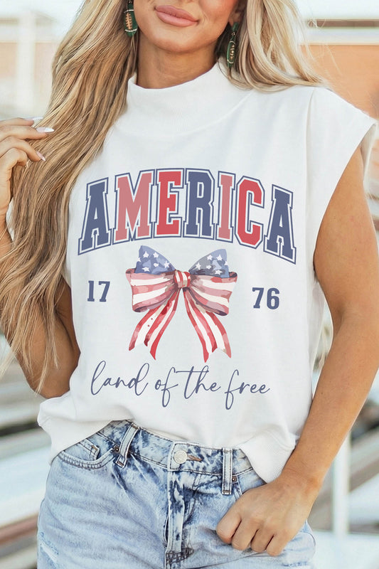 White Patriotic Slogan America Flag Print Mock Neck Tee-Graphic/Graphic Tees-[Adult]-[Female]-White-S-2022 Online Blue Zone Planet