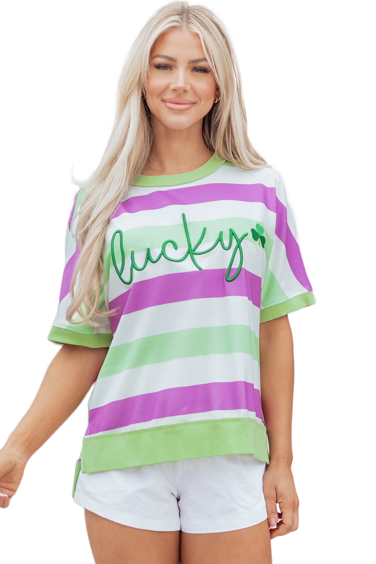 Green Stripe Lucky Clover Embroidered Graphic Dolman Loose Tee-Tops/Tops & Tees-[Adult]-[Female]-2022 Online Blue Zone Planet