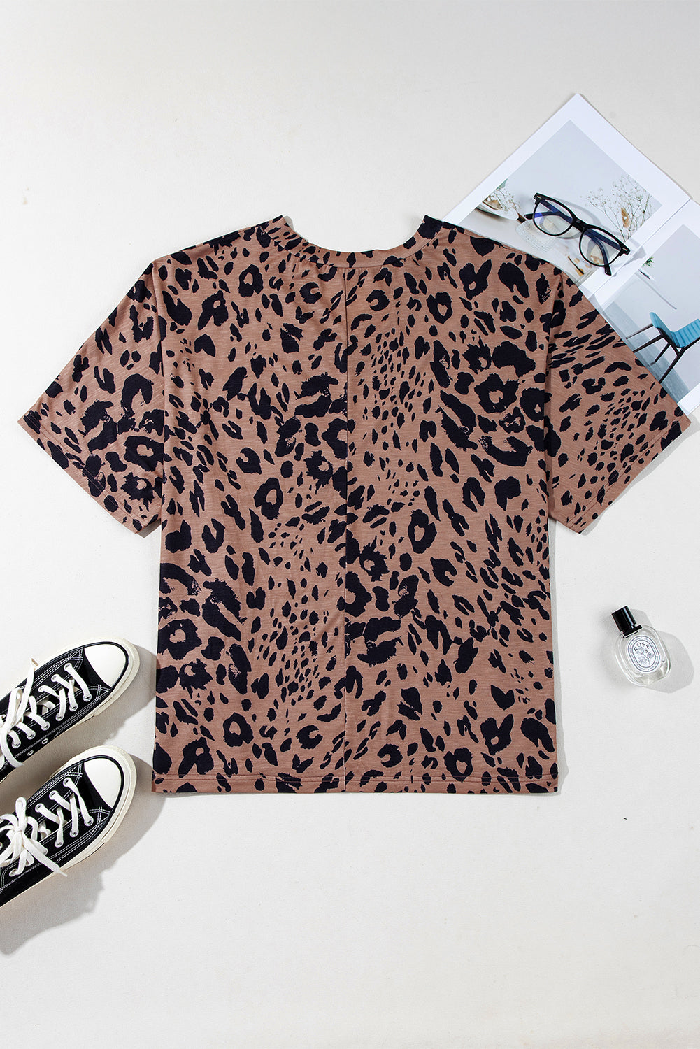 Brown Leopard Print V Neck Half Sleeve Oversized Tee-Tops/Tops & Tees-[Adult]-[Female]-2022 Online Blue Zone Planet