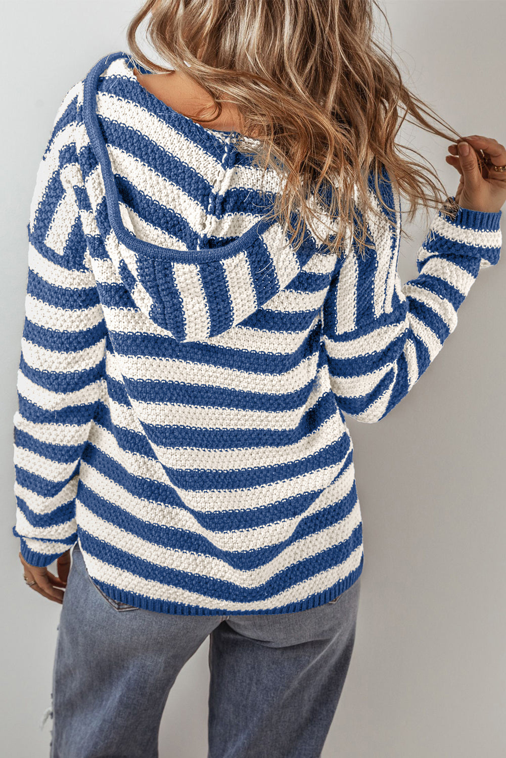 White Stripe V Neck Pocketed Drawstring Hooded Sweater-Tops / Dresses-[Adult]-[Female]-2022 Online Blue Zone Planet