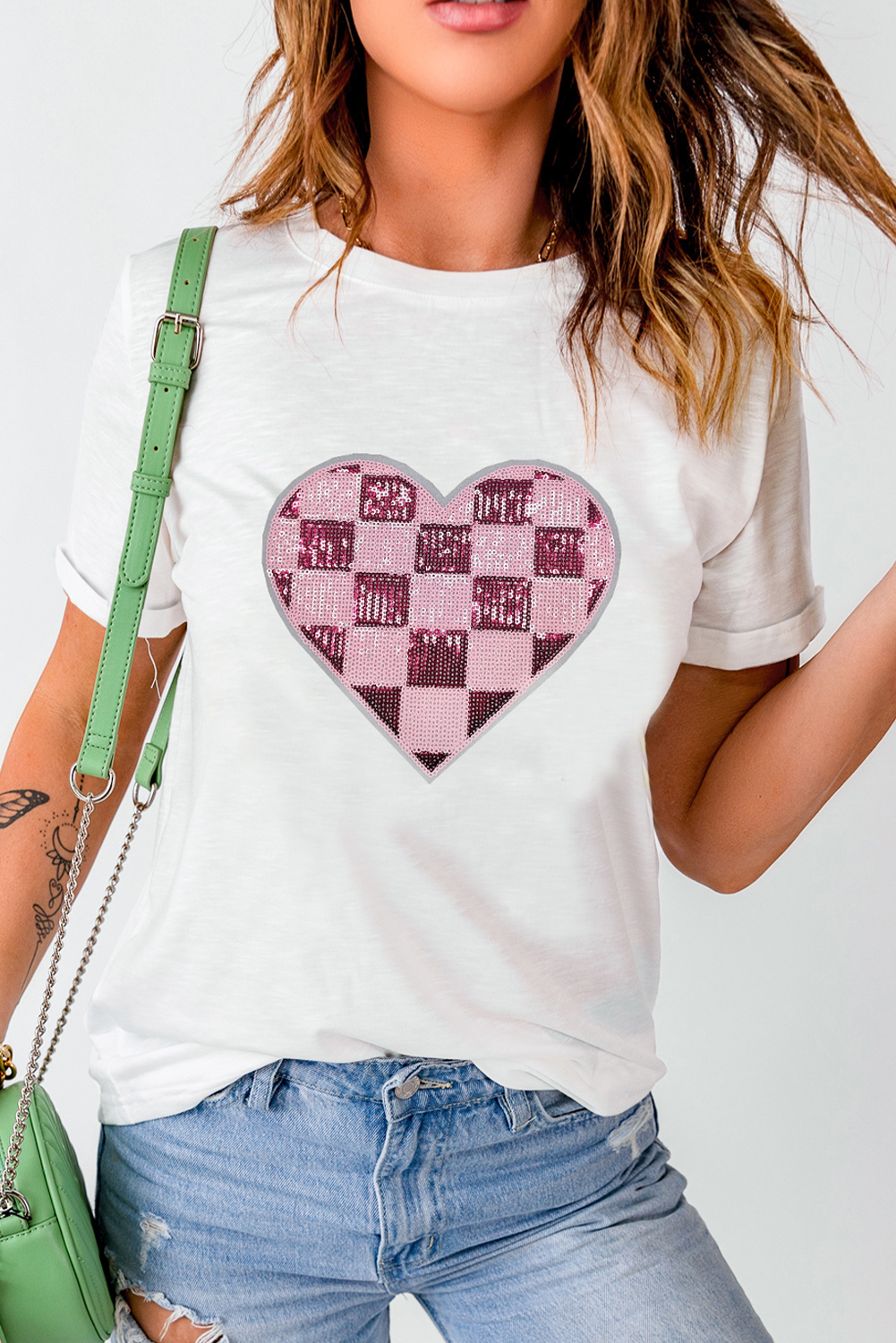 White Checkered Heart Patched Valentines Graphic Tee-Graphic Tees-[Adult]-[Female]-2022 Online Blue Zone Planet