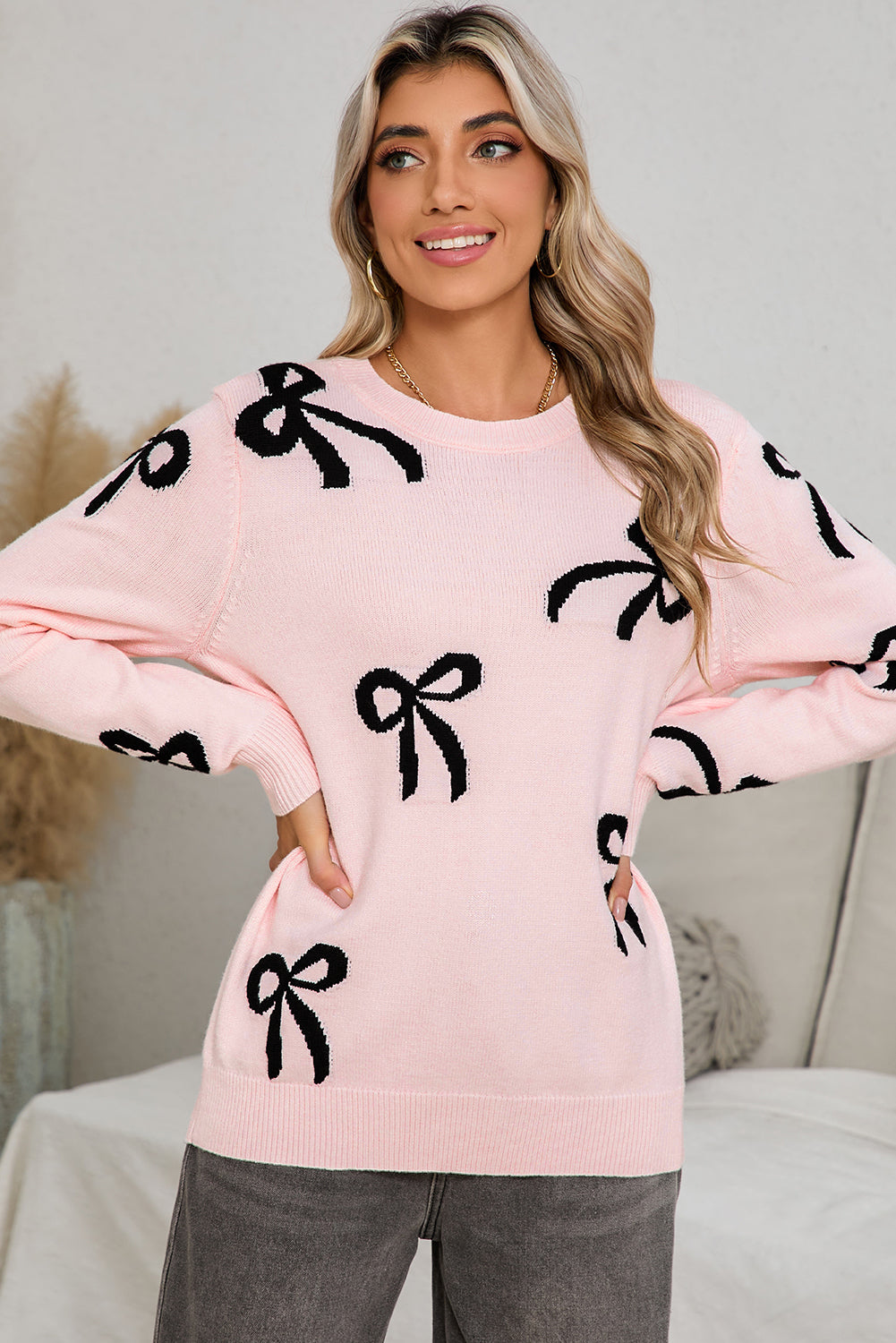 Blue Zone Planet | Light Pink Bow Print Long Sleeve Loose Fit Sweater-Sweaters-[Adult]-[Female]-2022 Online Blue Zone Planet