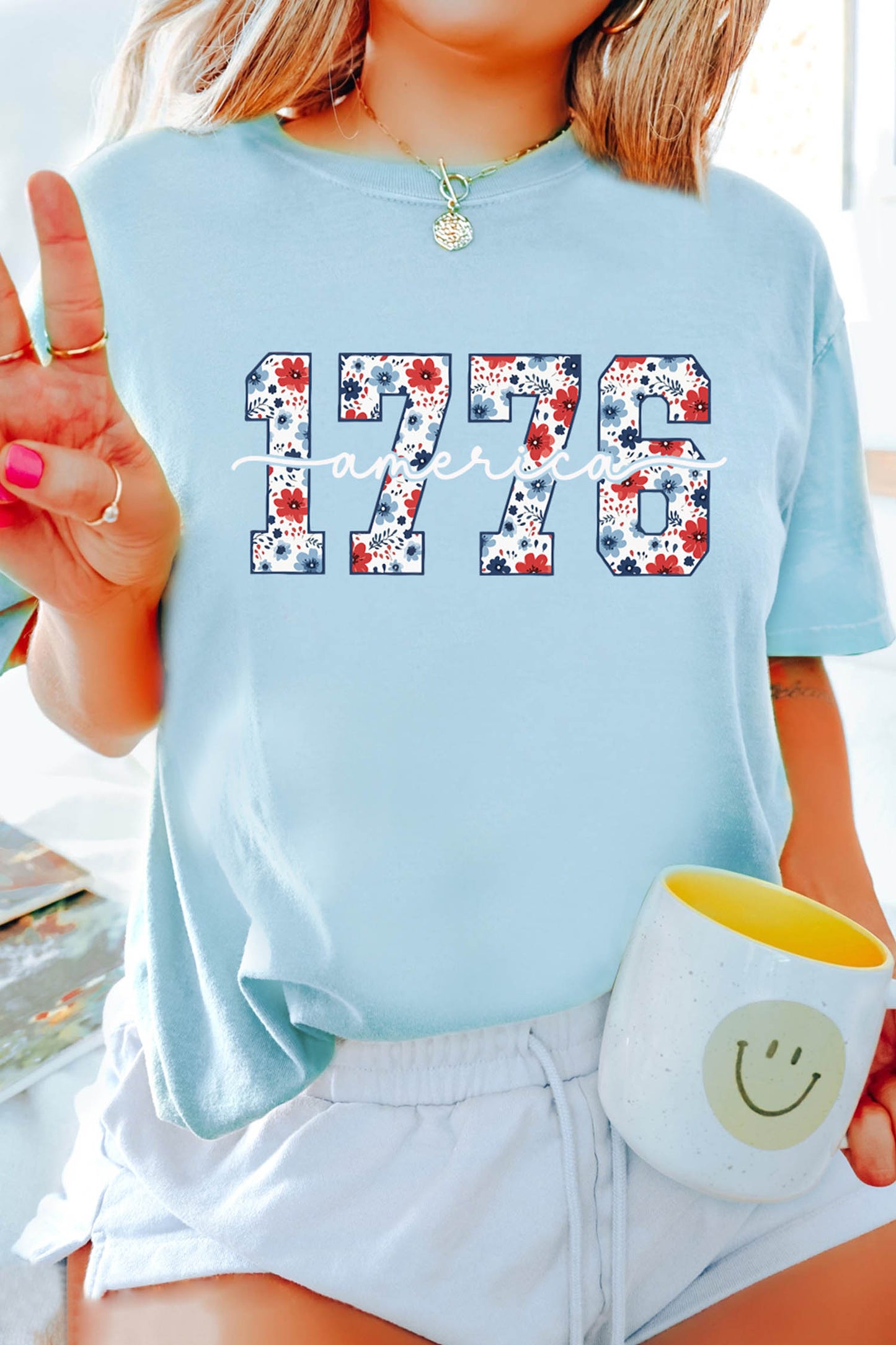 Light Blue America 1776 Floral Print Relaxed T Shirt