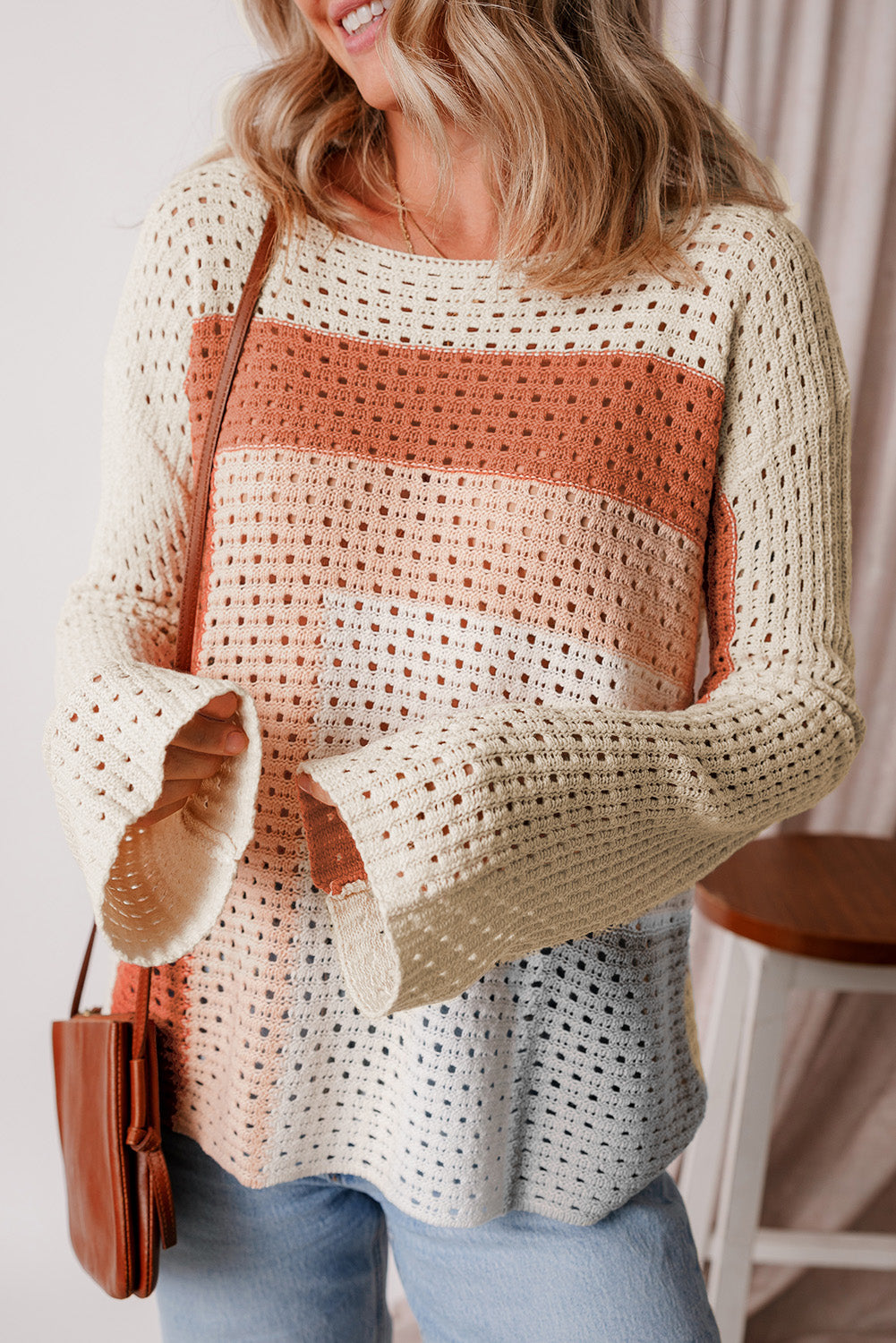 Apricot Pointelle Knit Colorblock Baggy Sweater-Sale (50% OFF)/30% OFF-[Adult]-[Female]-2022 Online Blue Zone Planet