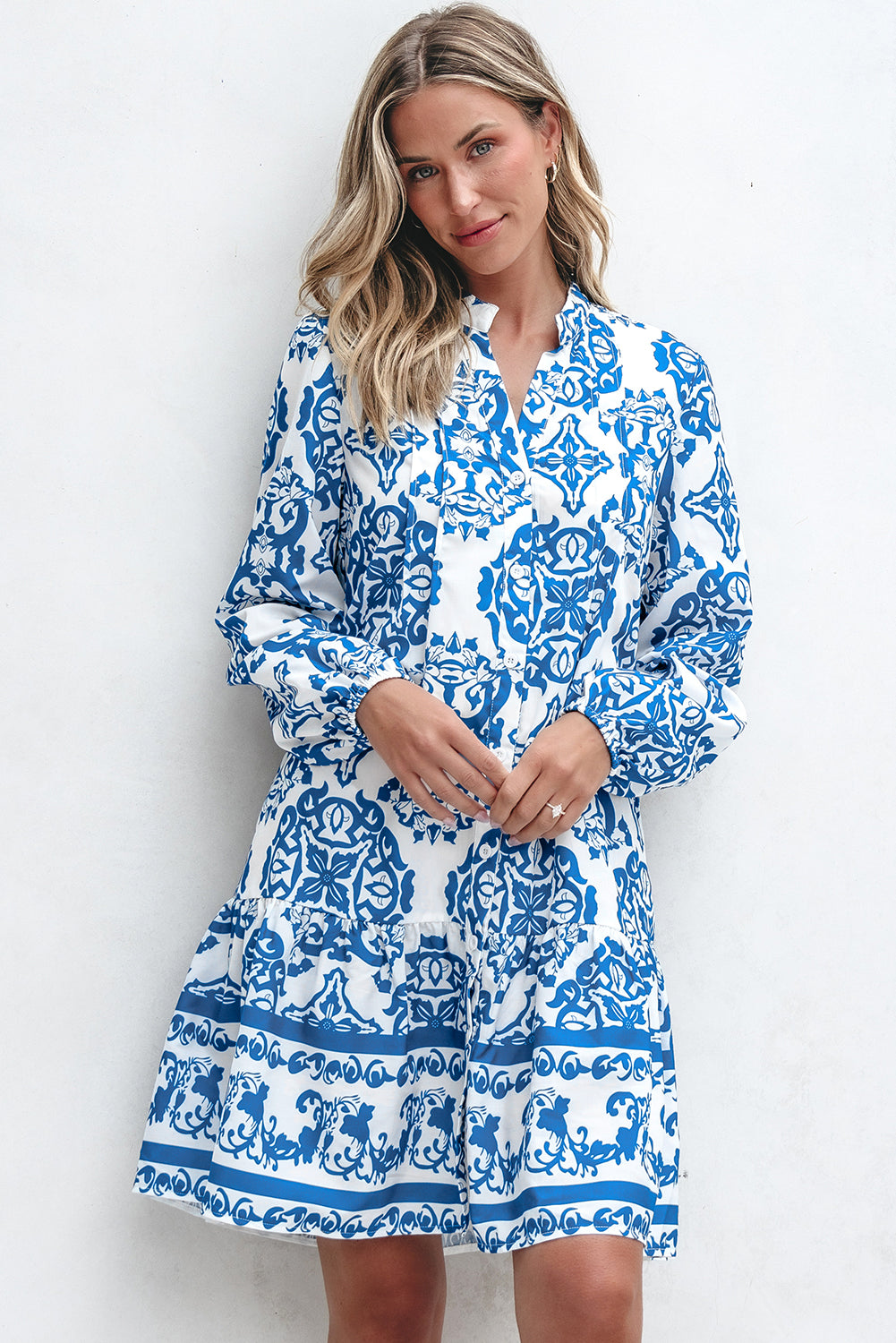 Blue Zone Planet | Sky Blue Tribal Print Button Up Notch Neck Loose Mini Dress-TOPS / DRESSES-[Adult]-[Female]-Sky Blue-S-2022 Online Blue Zone Planet