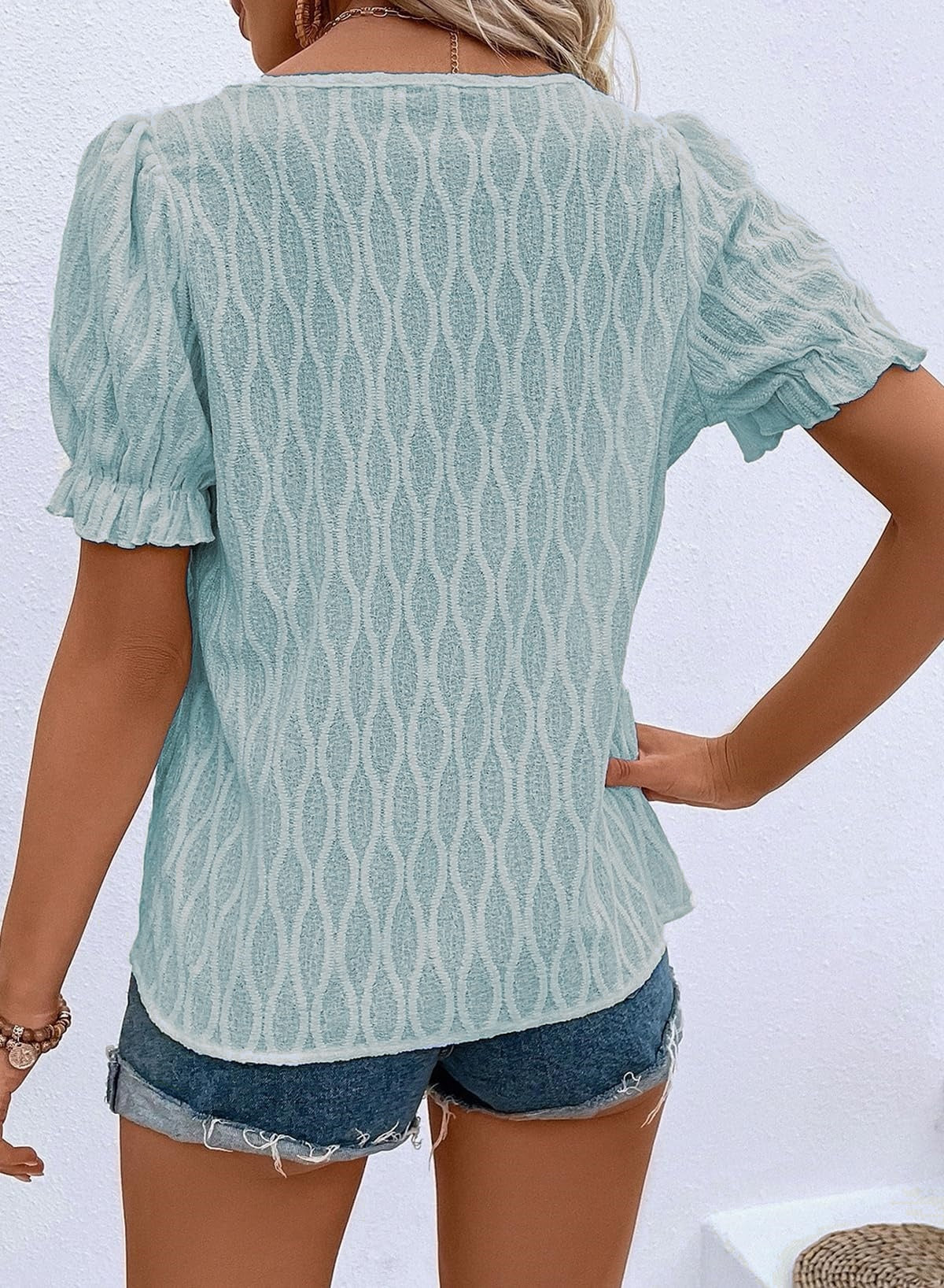 Texture Notched Short Sleeve Blouse-TOPS / DRESSES-[Adult]-[Female]-2022 Online Blue Zone Planet