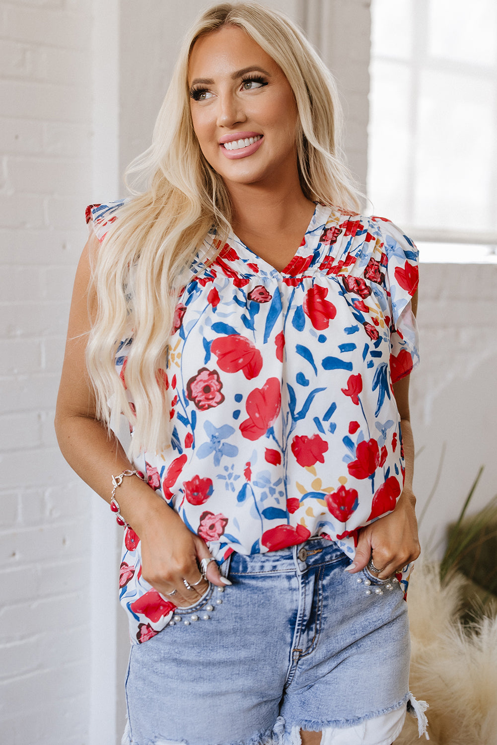 Red Flowers Pintuck Detail V-Neck Ruffled Sleeve Top-Tops/Blouses & Shirts-[Adult]-[Female]-2022 Online Blue Zone Planet