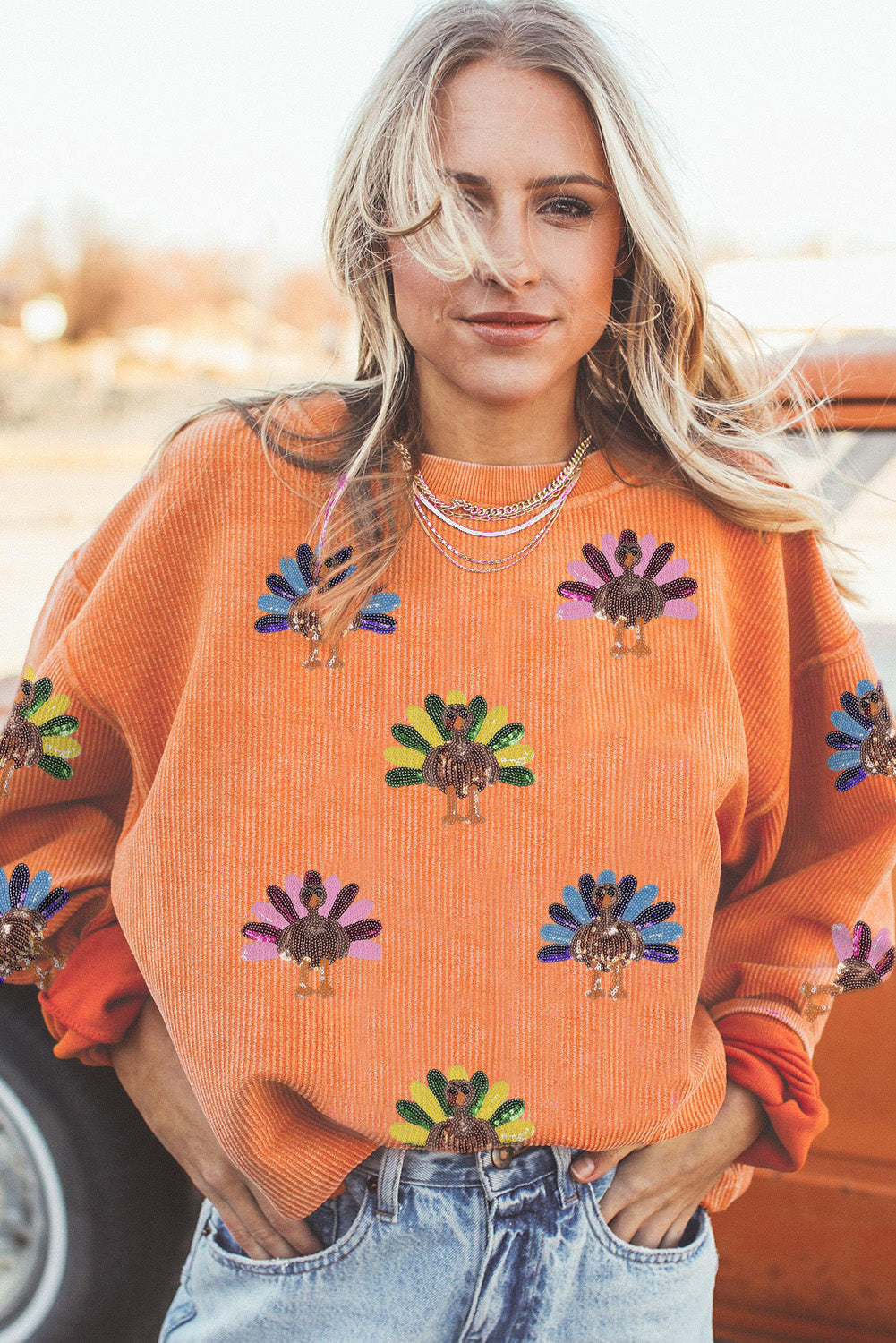 Orange Turkey Graphic Corded Baggy Sweatshirt-Graphic/Graphic Sweatshirts-[Adult]-[Female]-2022 Online Blue Zone Planet