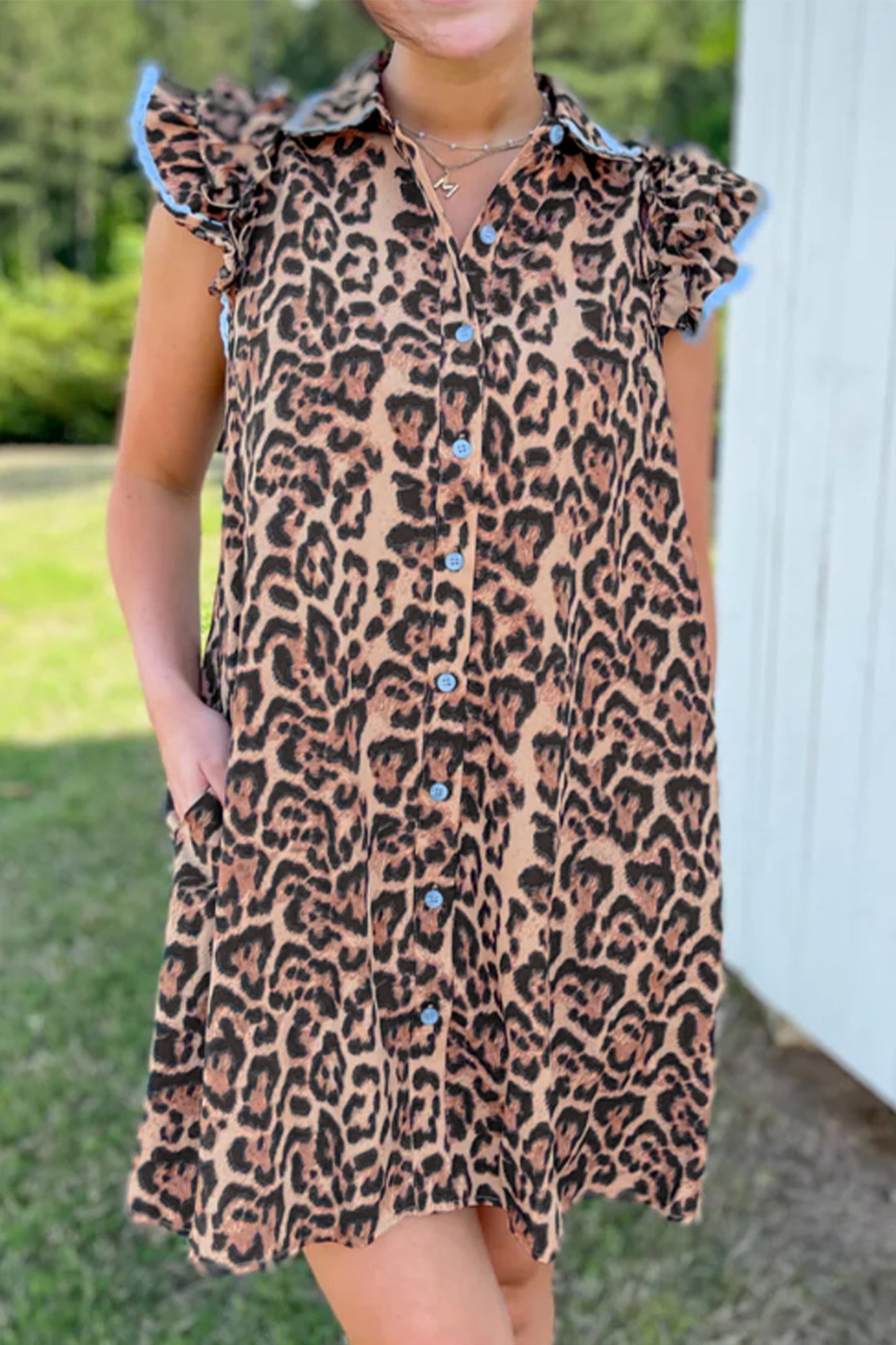 Khaki Leopard Print Lace Trim Shirt Collar Button Down Loose Mini Dress-Dresses/Mini Dresses-[Adult]-[Female]-2022 Online Blue Zone Planet