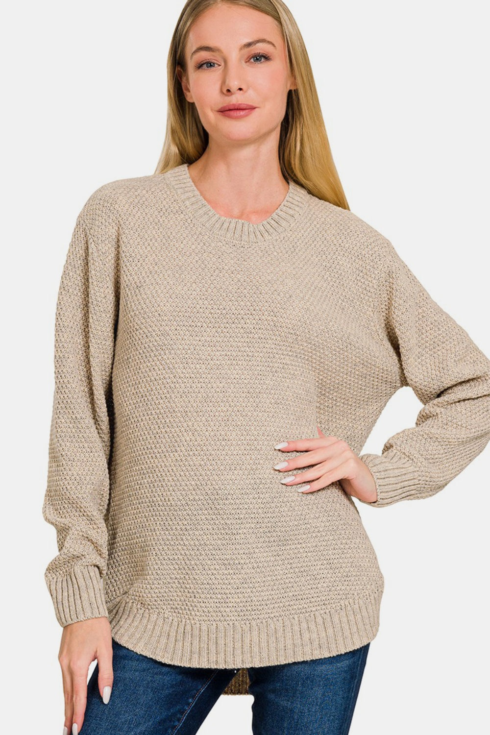 Zenana Ful Size Round Neck Long Sleeve Curved Hem Sweater-TOPS / DRESSES-[Adult]-[Female]-2022 Online Blue Zone Planet