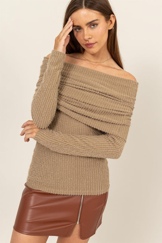 HYFVE Fuzzy Off Shoulder Textured Knit Top-TOPS / DRESSES-[Adult]-[Female]-Taupe-S-2022 Online Blue Zone Planet