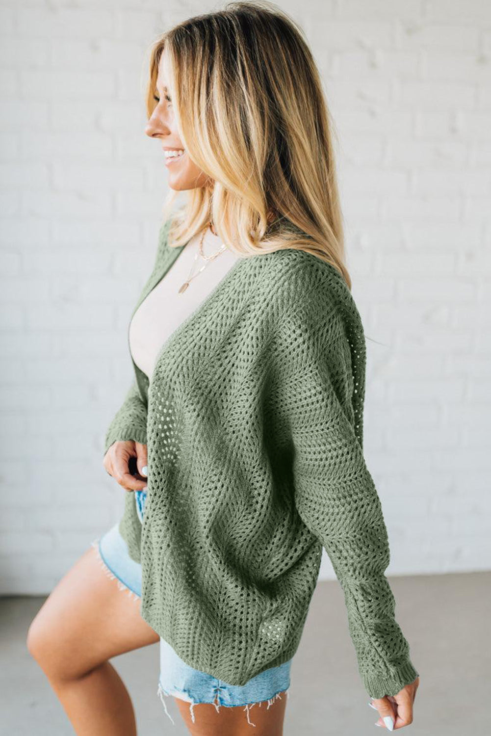 Green Bay Scalloped Edge Eyelet Knit Batwing Sleeve Cardigan-Sweaters & Cardigans/Cardigans-[Adult]-[Female]-2022 Online Blue Zone Planet