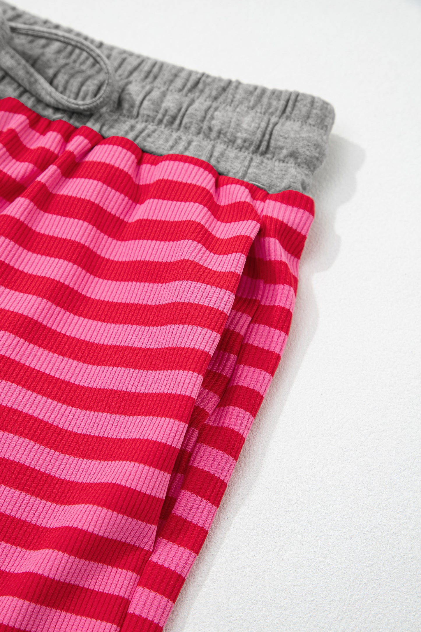 Rose Stripe Contrast Elastic Waist Casual Ribbed Shorts-Bottoms/Casual Shorts-[Adult]-[Female]-2022 Online Blue Zone Planet