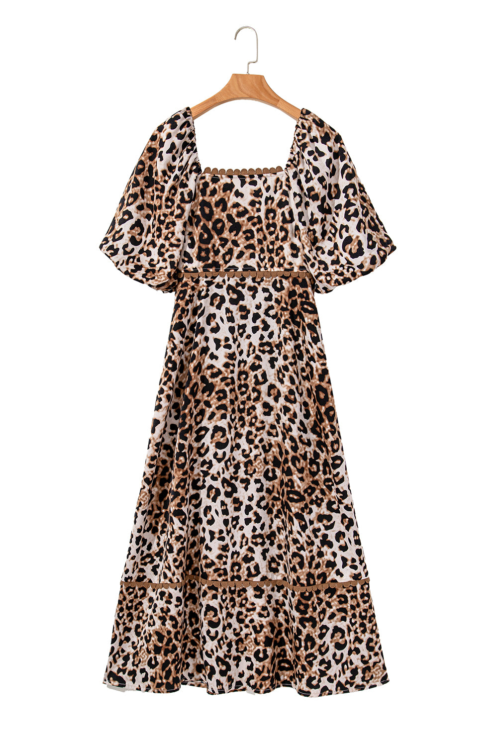 Brown Leopard Print Puff Sleeve Ricrac Maxi Dress-Maxi Dresses-[Adult]-[Female]-2022 Online Blue Zone Planet
