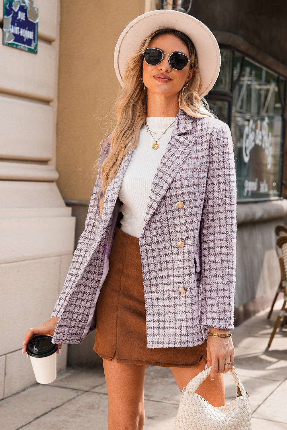 Burgundy Elegant Tweed Plaid Blazer-Outerwear/Blazers-[Adult]-[Female]-2022 Online Blue Zone Planet