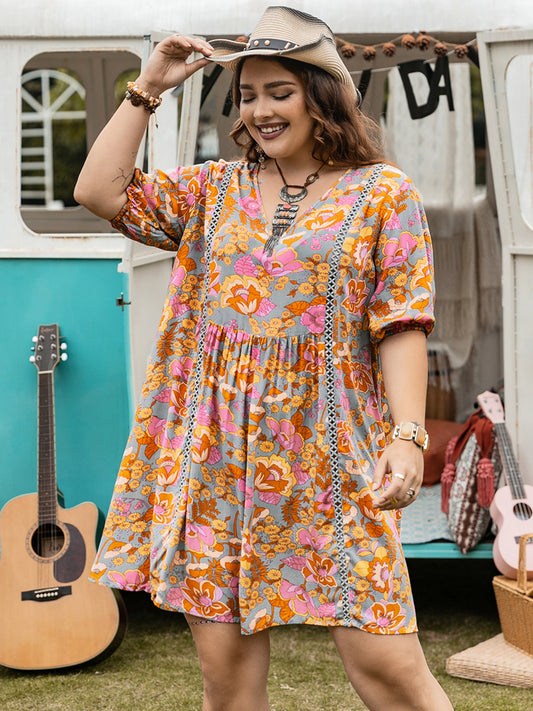 Plus Size Ruched Printed Half Sleeve Mini Dress-TOPS / DRESSES-[Adult]-[Female]-Multicolor-1XL-2022 Online Blue Zone Planet