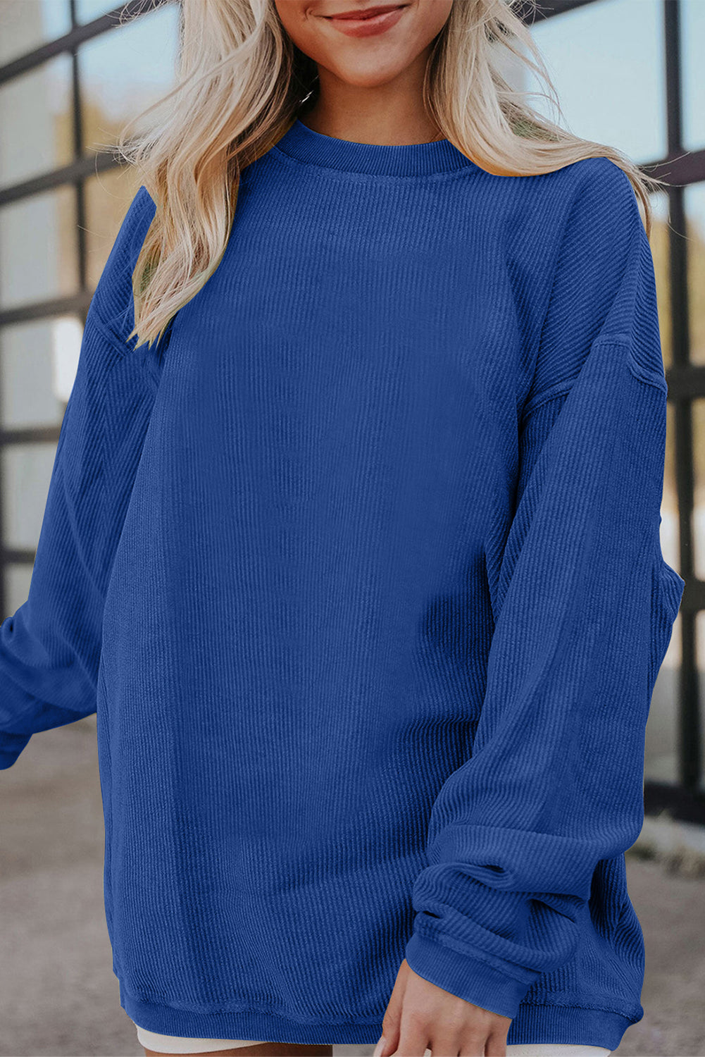 Chestnut Ribbed Corduroy Oversized Sweatshirt-Tops/Sweatshirts & Hoodies-[Adult]-[Female]-Dark Blue-S-2022 Online Blue Zone Planet