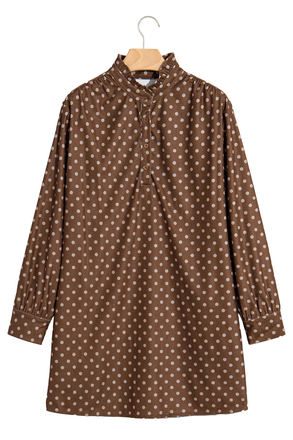 Brown Polka Dot V Neck Long Sleeve Button Shift Dress-TOPS / DRESSES-[Adult]-[Female]-2022 Online Blue Zone Planet