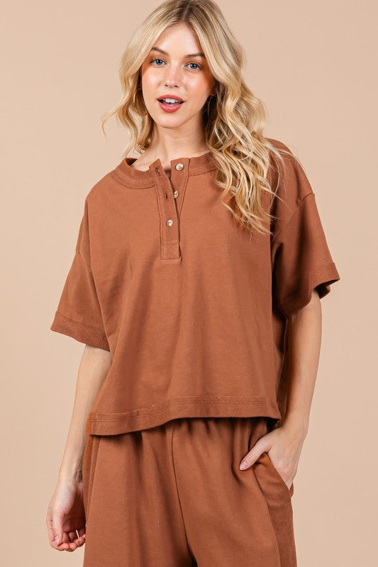 Ces Femme Half Button Half Sleeve Top and Pants Set-TOPS / DRESSES-[Adult]-[Female]-Caramel-S-2022 Online Blue Zone Planet
