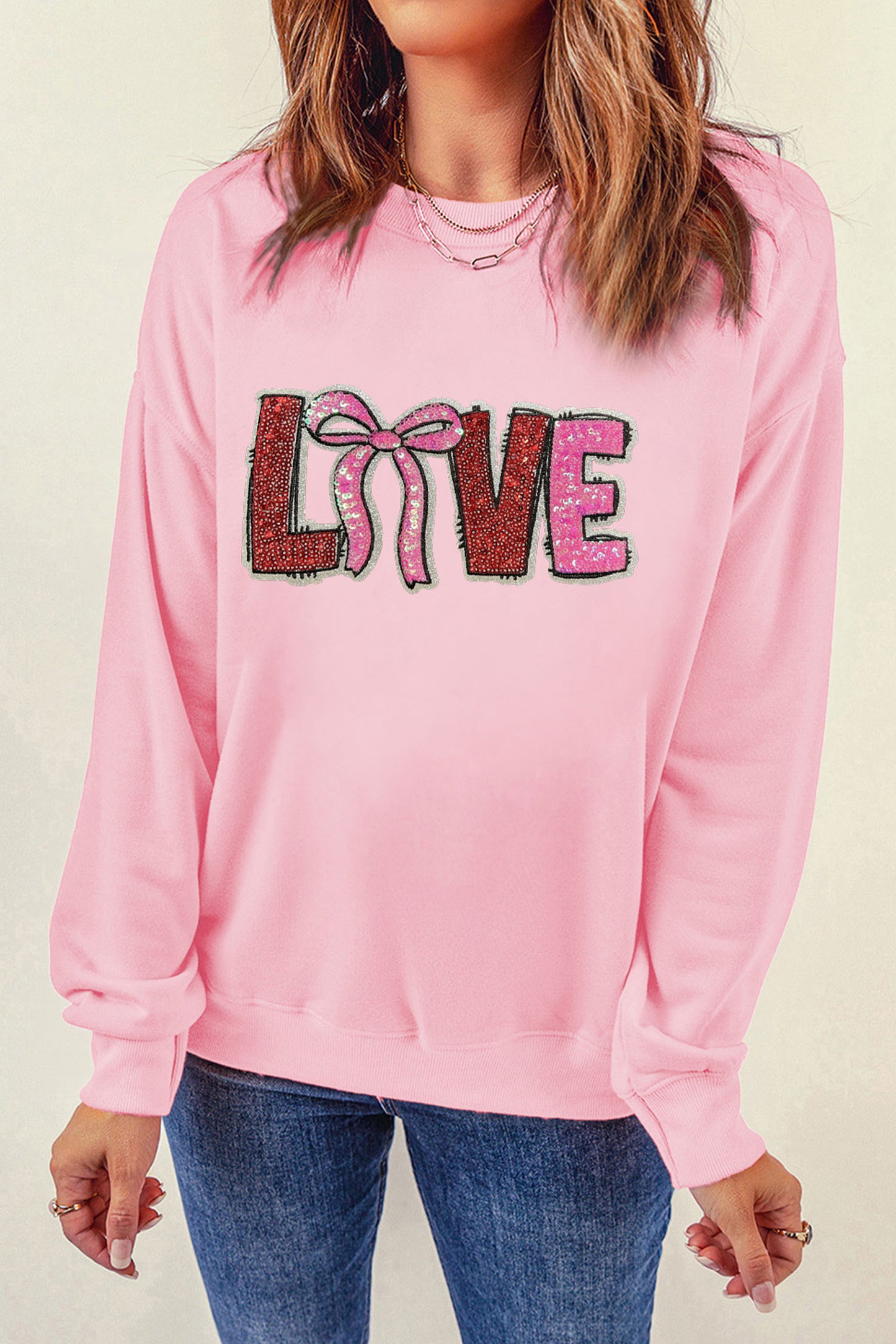 Pink Bow Love Sequin Pattern Valentine Sweatshirt