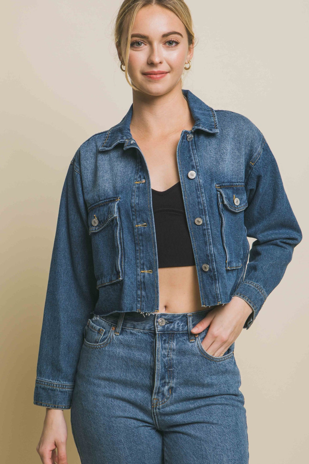 Love Tree Raw Hem Button Up Cropped Denim Jacket-TOPS / DRESSES-[Adult]-[Female]-2022 Online Blue Zone Planet