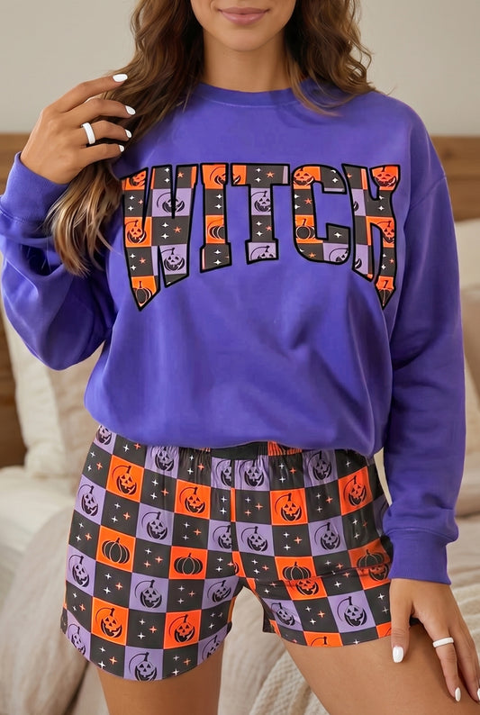 Orange Witch Letter Print Long Sleeve Top Checkered Elastic Waist Shorts Set-Two Piece Sets/Short Sets-[Adult]-[Female]-Orange-S-2022 Online Blue Zone Planet