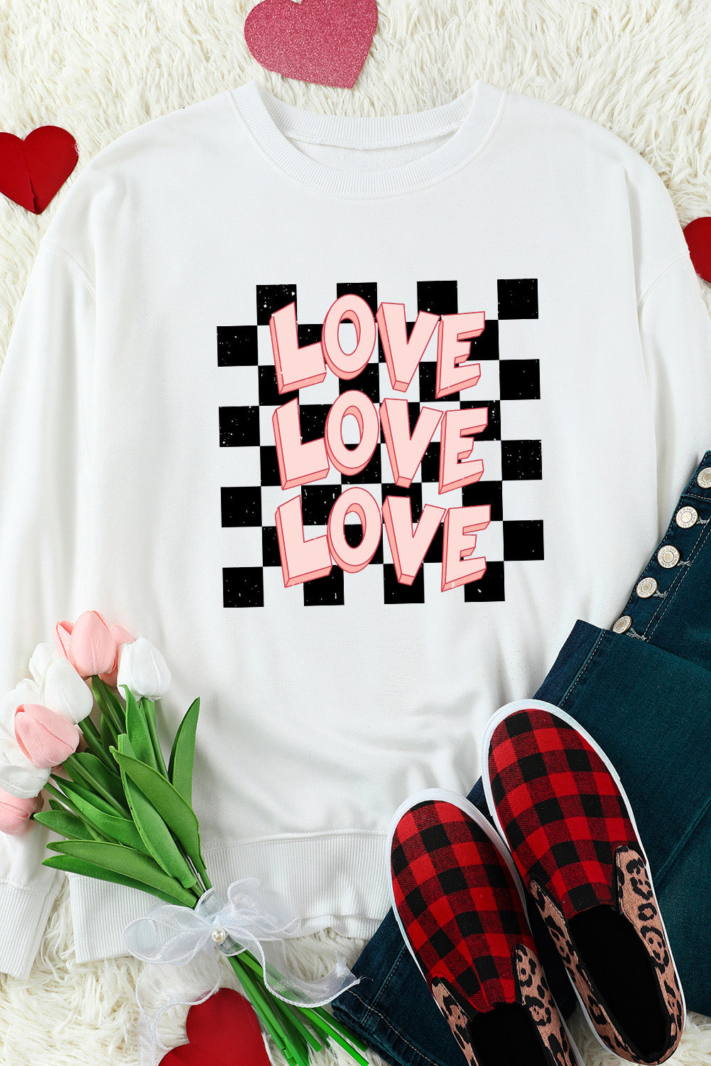 White Checkerboard LOVE Print Graphic Valentines Sweatshirt-Graphic Sweatshirts-[Adult]-[Female]-2022 Online Blue Zone Planet