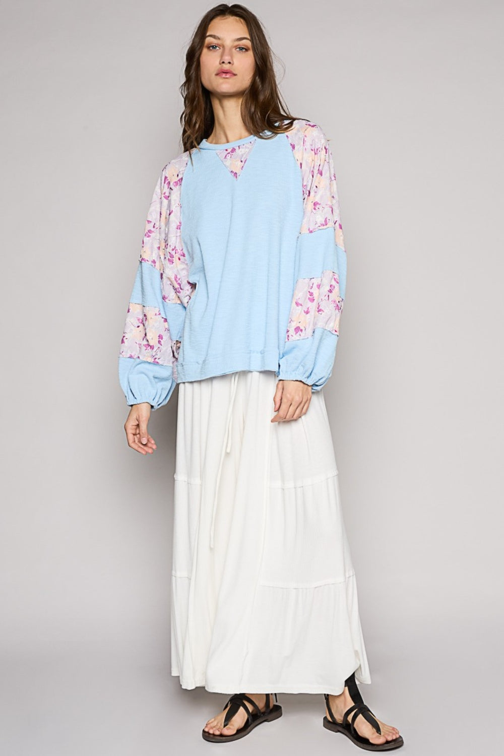 POL Round Neck Balloon Floral Long Sleeve Top-TOPS / DRESSES-[Adult]-[Female]-2022 Online Blue Zone Planet