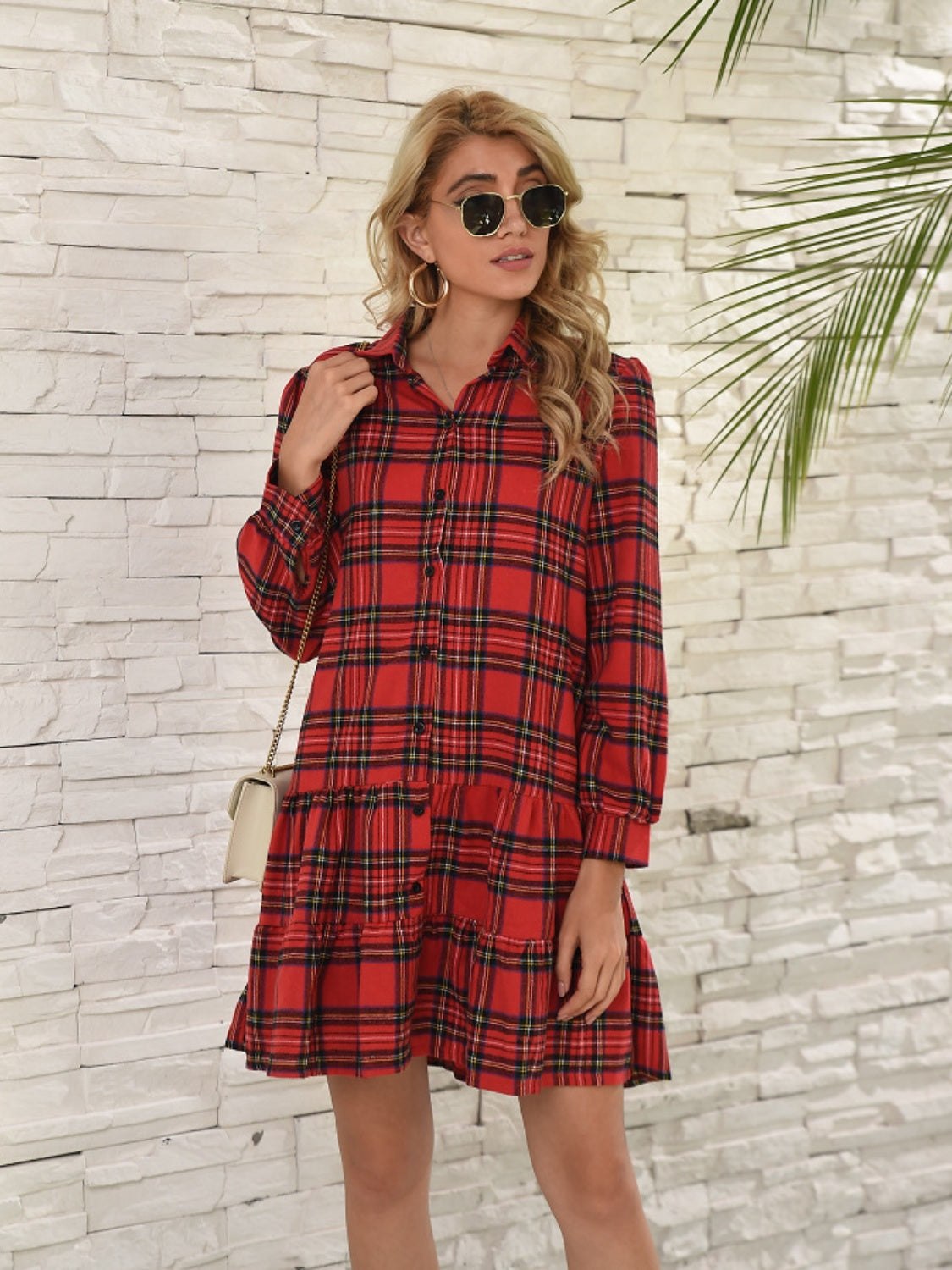 Ruffle Hem Plaid Button Down Long Sleeve Dress-TOPS / DRESSES-[Adult]-[Female]-2022 Online Blue Zone Planet