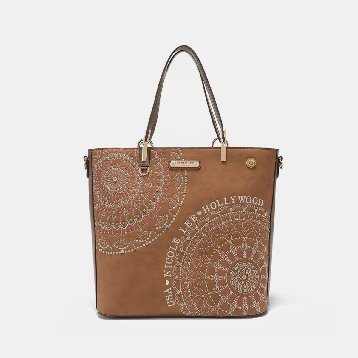 Blue Zone Planet | Nicole Lee USA Metallic Stitching Embroidery Inlaid Rhinestone Tote Bag-TOPS / DRESSES-[Adult]-[Female]-Brown-One Size-2022 Online Blue Zone Planet