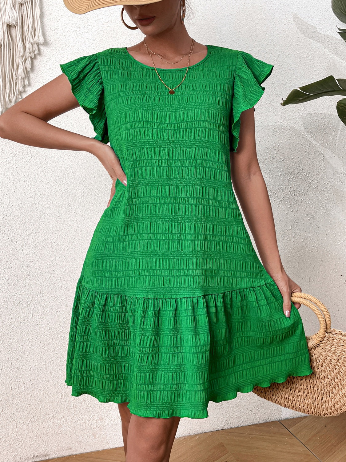 Textured Round Neck Ruffle Hem Dress-TOPS / DRESSES-[Adult]-[Female]-Green-S-2022 Online Blue Zone Planet