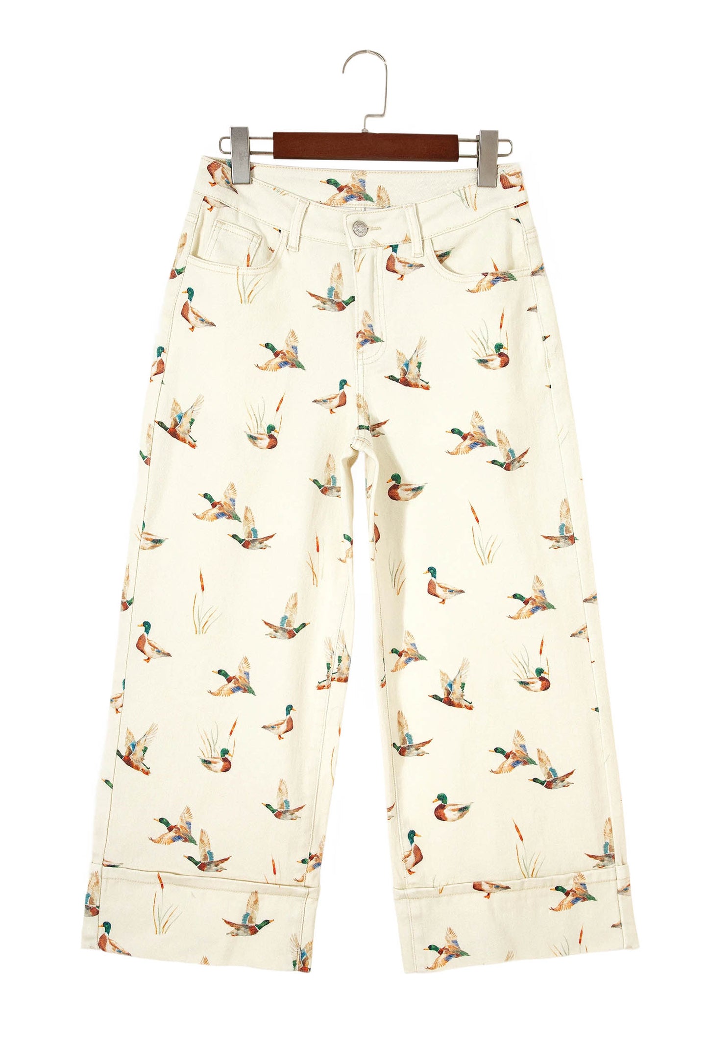 Beige Stylish Mallard Printed Cuffed Hem Shift Jeans-Bottoms/Jeans-[Adult]-[Female]-2022 Online Blue Zone Planet