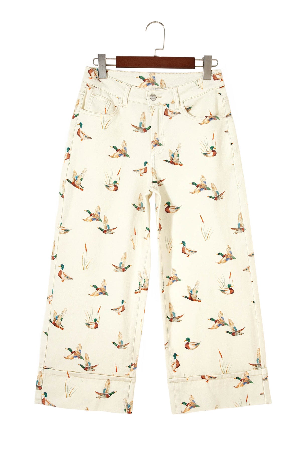 Beige Stylish Mallard Printed Cuffed Hem Shift Jeans-Bottoms/Jeans-[Adult]-[Female]-2022 Online Blue Zone Planet