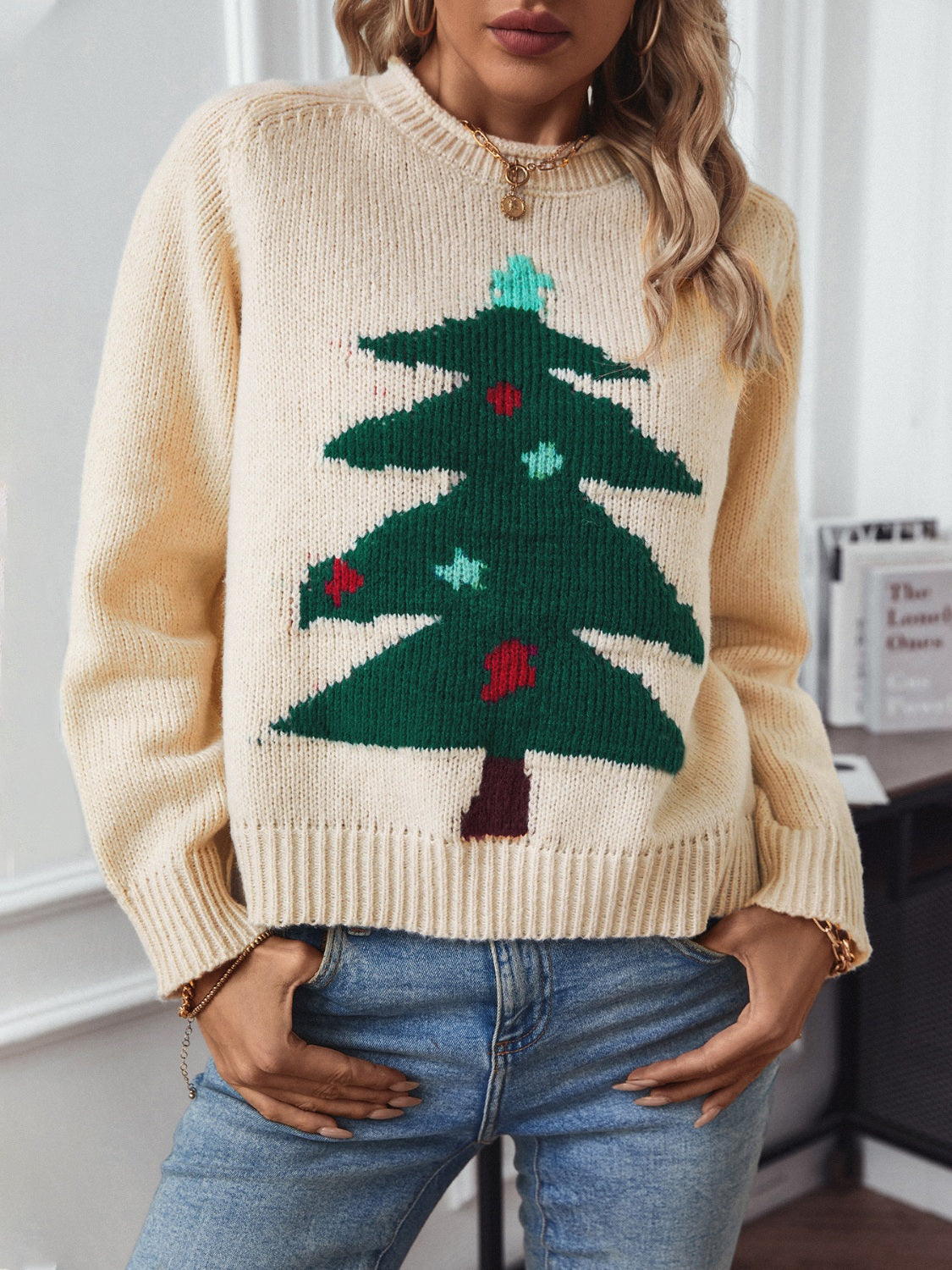 Blue Zone Planet | Christmas Tree Round Neck Raglan Sleeve Sweater-TOPS / DRESSES-[Adult]-[Female]-Tan-S-2022 Online Blue Zone Planet