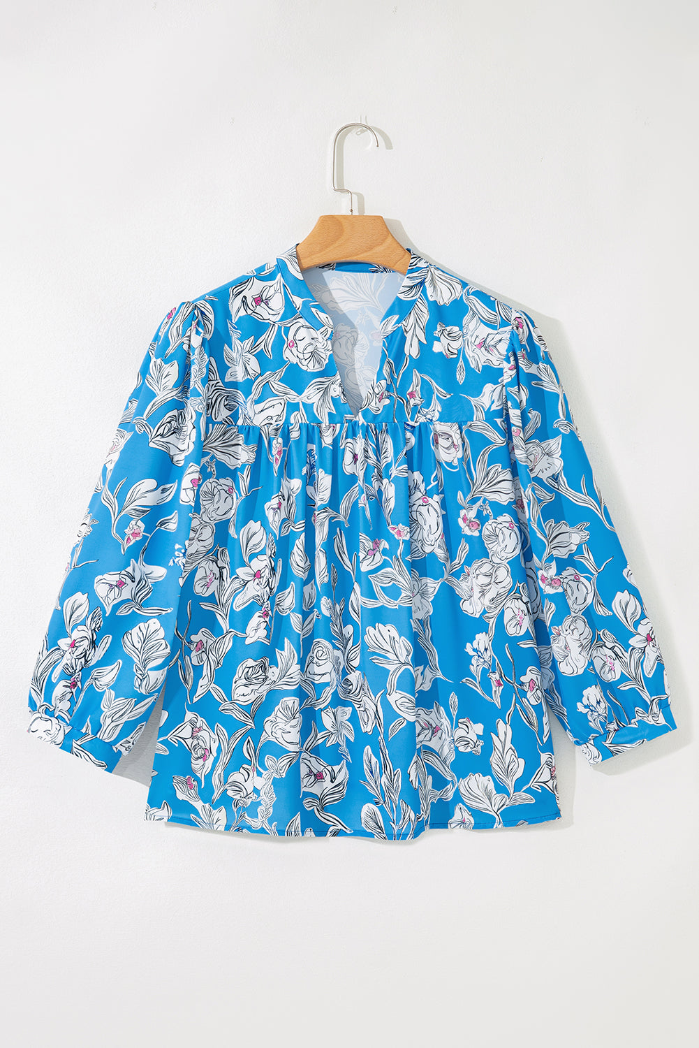 Sky Blue V Neck Floral Print 3/4 Puff Sleeve Blouse-Tops/Blouses & Shirts-[Adult]-[Female]-2022 Online Blue Zone Planet