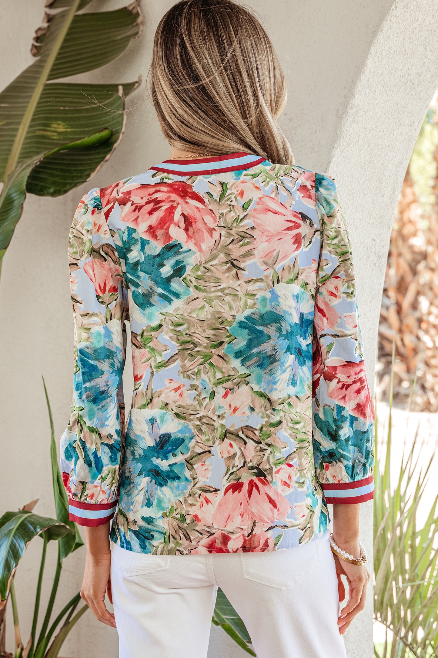 Sky Blue Contrast Trim V Neck Cuffed Bracelet Sleeve Floral Blouse-Bracelet-[Adult]-[Female]-2022 Online Blue Zone Planet