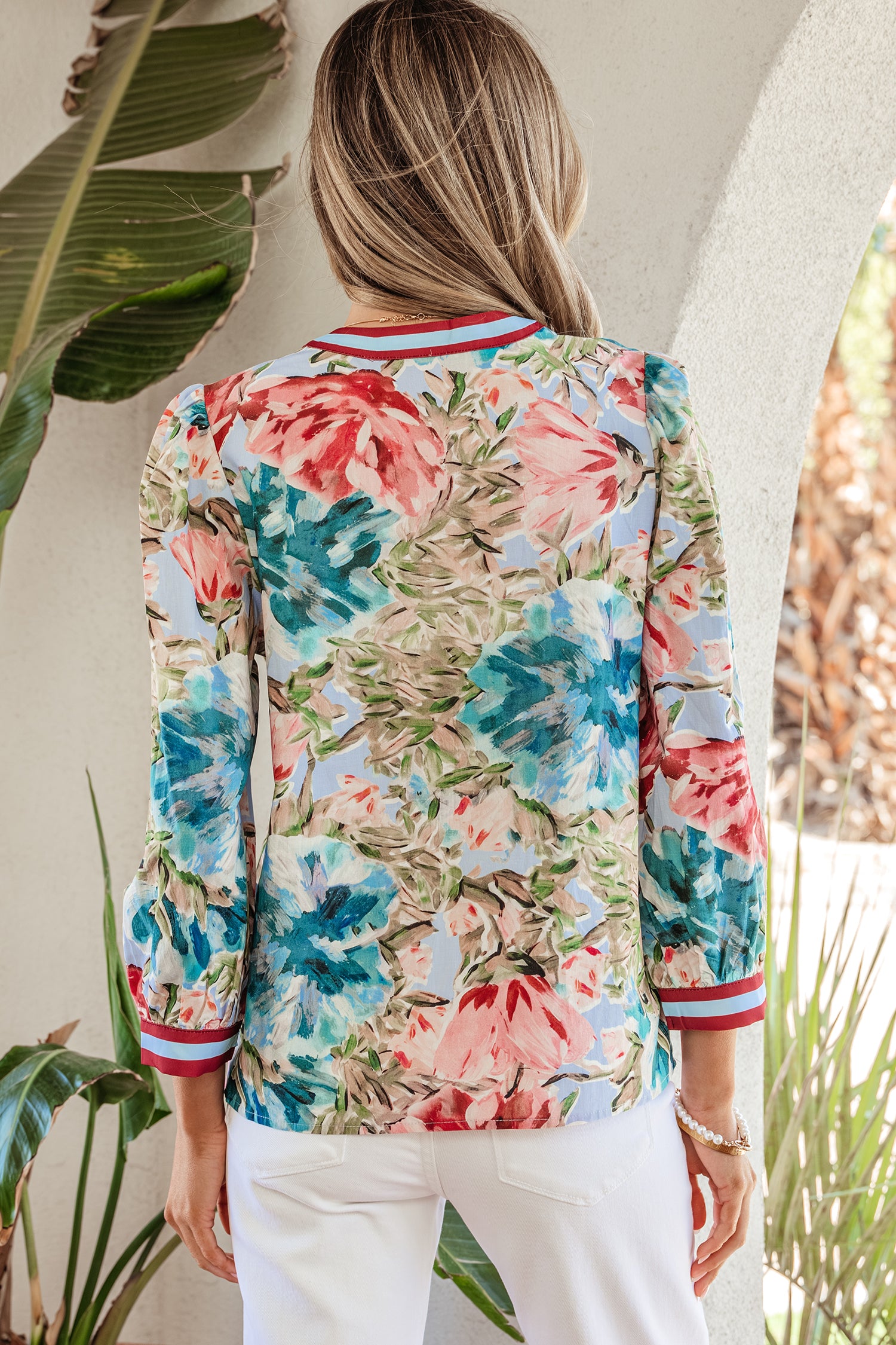 Sky Blue Contrast Trim V Neck Cuffed Bracelet Sleeve Floral Blouse-Bracelet-[Adult]-[Female]-2022 Online Blue Zone Planet