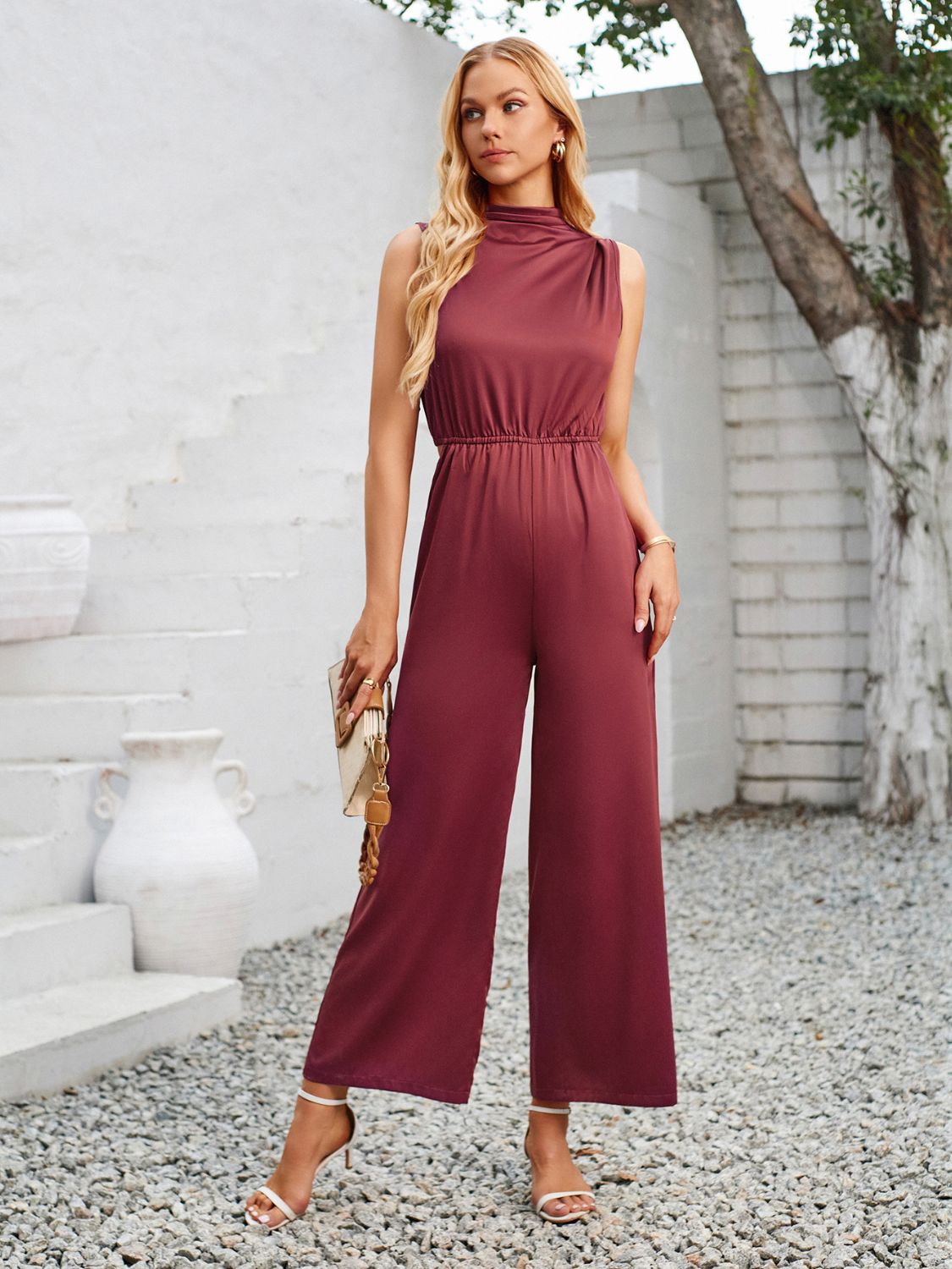 Cutout Tied Wide Leg Sleeveless Jumpsuit-[Adult]-[Female]-2022 Online Blue Zone Planet