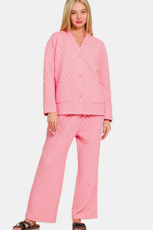 Zenana Quilted Button Up Long Sleeve Top and Pants Lounge Set-TOPS / DRESSES-[Adult]-[Female]-Dk Pink-S-2022 Online Blue Zone Planet