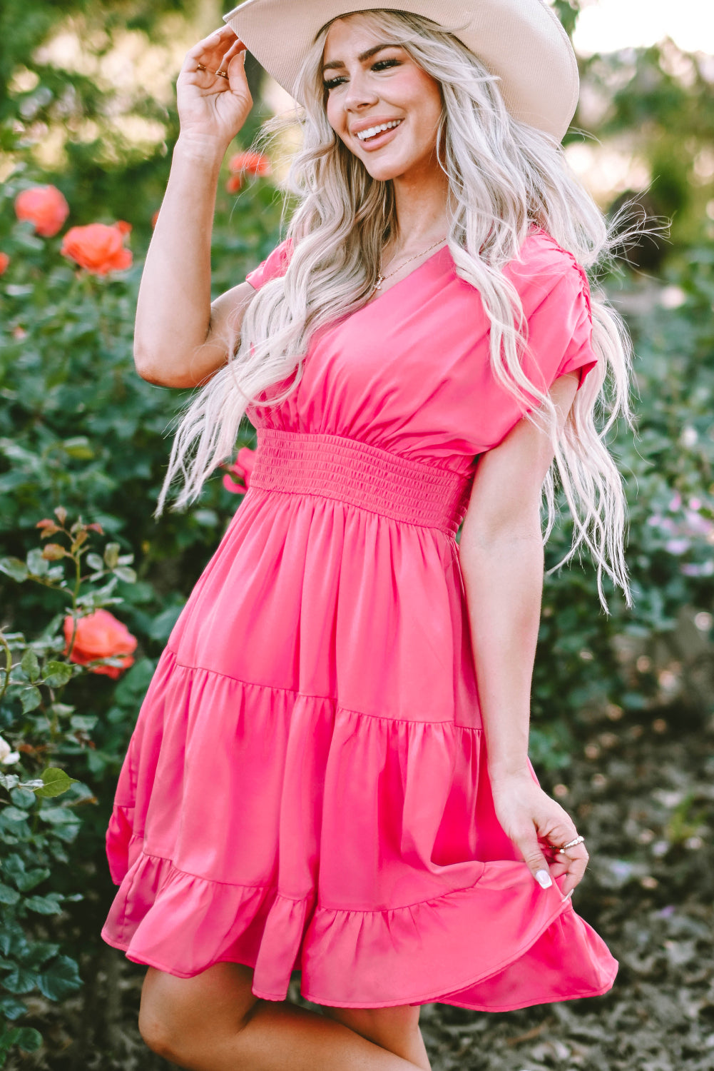 Strawberry Pink Ruched Sleeve V Neck Smock Waist Tiered Ruffled Dress Blue Zone Planet