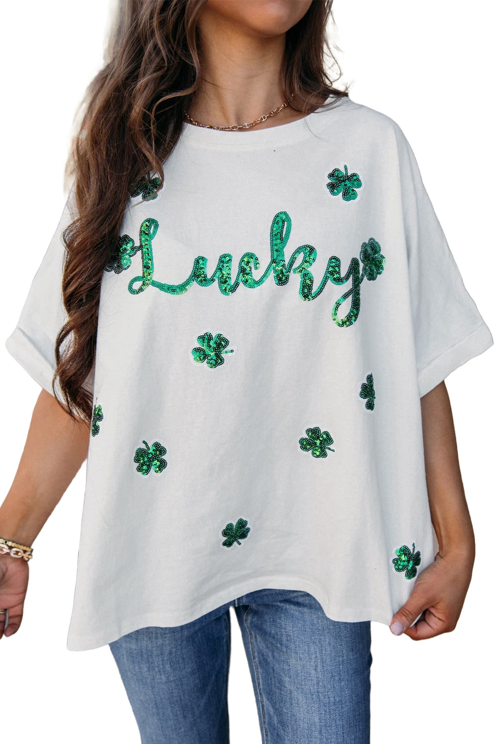 White St Patrick Lucky Clover Sequin Graphic T Shirt-T Shirts-[Adult]-[Female]-2022 Online Blue Zone Planet