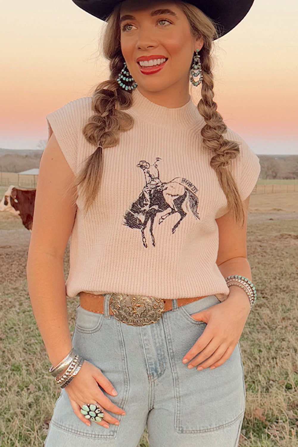 Oatmeal Howdy Rodeo Cowboy Graphic High Neck Short Sleeve Sweater-Sweaters & Cardigans/Short Sleeve Sweaters-[Adult]-[Female]-2022 Online Blue Zone Planet