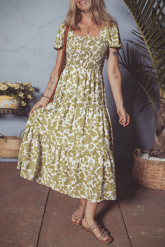 Yellow Boho Floral Square Neck Smocked Bust Puff Sleeve Tiered Long Dress-TOPS / DRESSES-[Adult]-[Female]-Yellow-S-2022 Online Blue Zone Planet