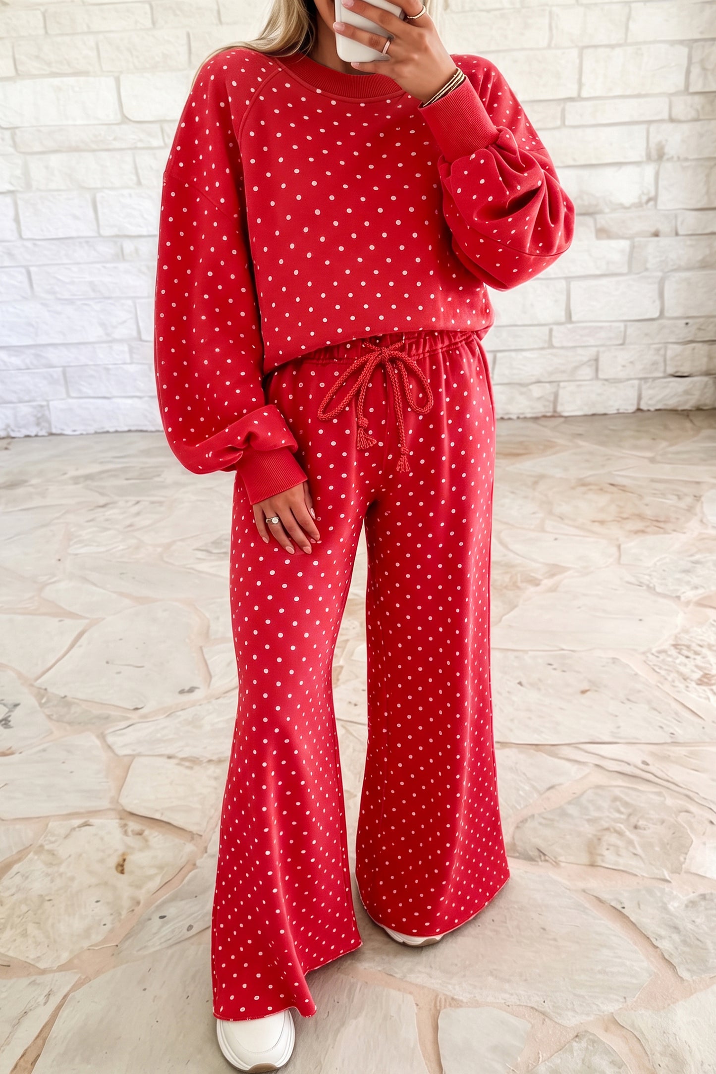 Brown Polka Dot Drawstring Wide Leg Long Sleeve Top Pant Set-Two Piece Sets/Pant Sets-[Adult]-[Female]-Red-S-2022 Online Blue Zone Planet
