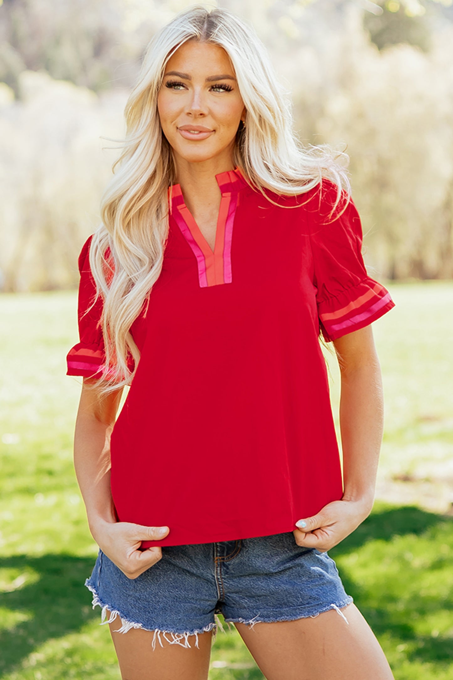 Fiery Red Striped Frilled Collar Ruffled Short Sleeve Blouse-Tops/Blouses & Shirts-[Adult]-[Female]-2022 Online Blue Zone Planet