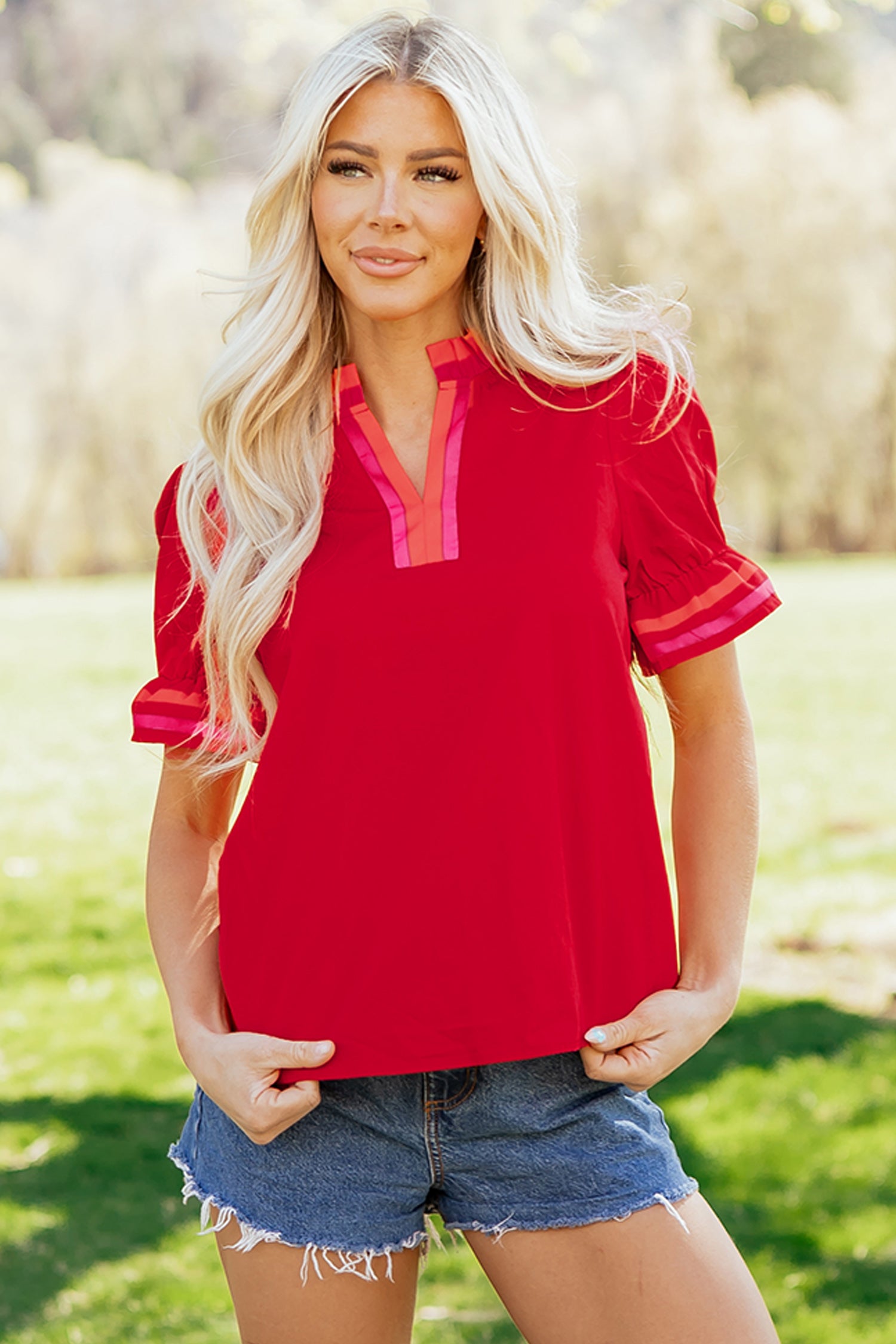 Fiery Red Striped Frilled Collar Ruffled Short Sleeve Blouse-Tops/Blouses & Shirts-[Adult]-[Female]-2022 Online Blue Zone Planet