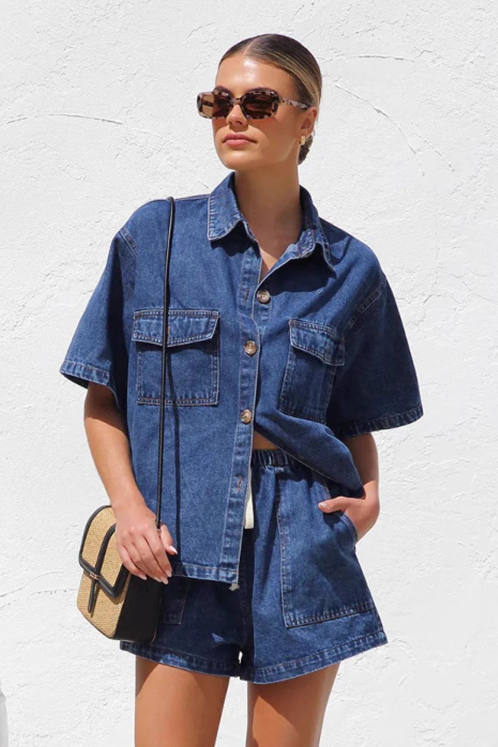 Collared Neck Button Up Top and Shorts Denim Set-TOPS / DRESSES-[Adult]-[Female]-2022 Online Blue Zone Planet