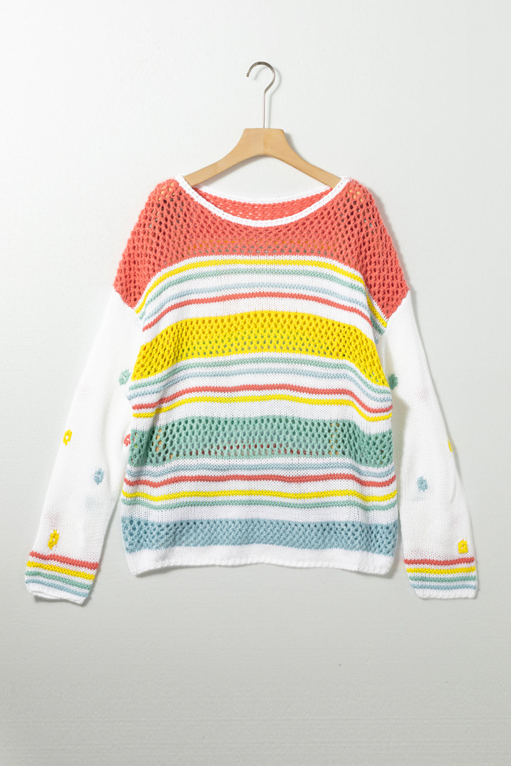 Hollow Striped Color Block Round Neck Sweater-TOPS / DRESSES-[Adult]-[Female]-2022 Online Blue Zone Planet